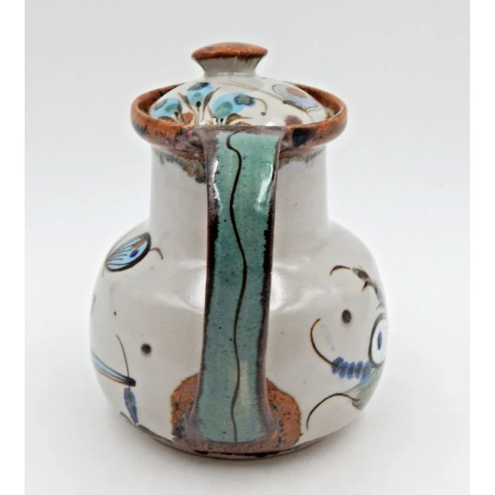 Tonala Ken Edwards Pottery Teapot Bird Butterfly Blue Brown 6 Inch